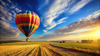 Fototapeta premium Hot air balloon flying high above green field and clear blue sky