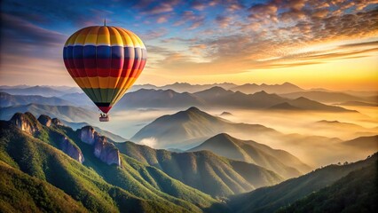 Hot air balloon flying over mountain landscape