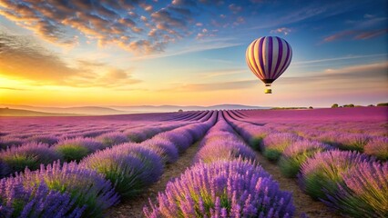 Fototapeta premium Hot air balloon flying over lavender field for nature travel concept