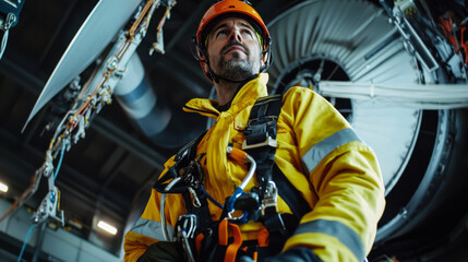 Industrial worker in safety gear inspecting machinery.