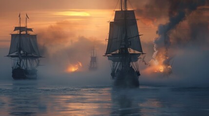 A dramatic naval scene with ships engulfed in smoke and fire at sunset, capturing the chaos of a fierce maritime battle.