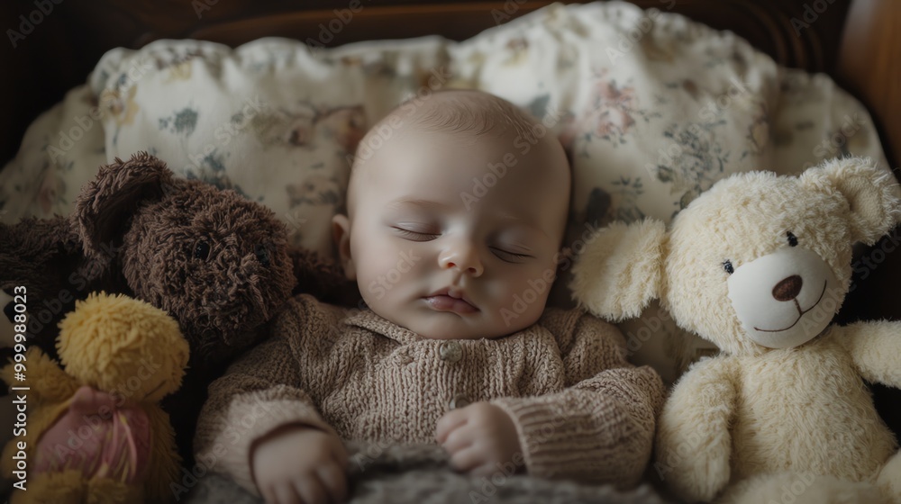 Canvas Prints A baby sleeps peacefully, curled up on a soft white blanket.