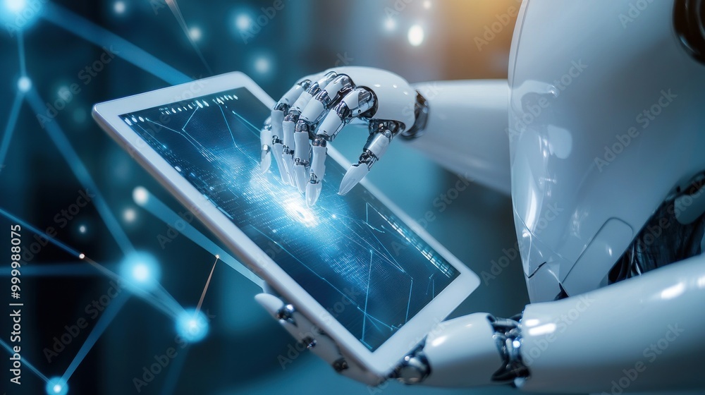 Poster a robotic hand interacts with a digital tablet displaying futuristic data visuals.