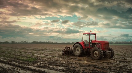 Obraz premium A red tractor plows through a muddy field under a cloudy sky, depicting a serene yet rugged agricultural scene.
