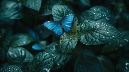 A vibrant blue butterfly resting on dew-dropped dark green leaves, highlighted by cool, dense surroundings, capturing nature's tranquil essence.