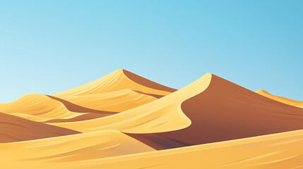 A vast desert landscape with rolling sand dunes under a clear blue sky, providing ample copy space for text overlay. Rolling Dunes. Illustration
