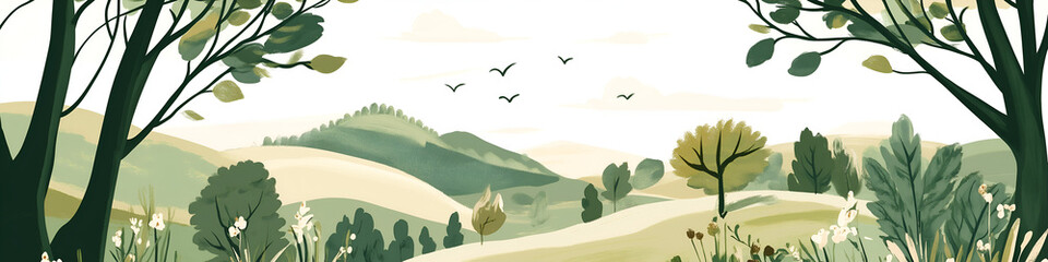 Serene Countryside View With Trees And Hills In Wide Background Design Ideal For Nature Themed Projects