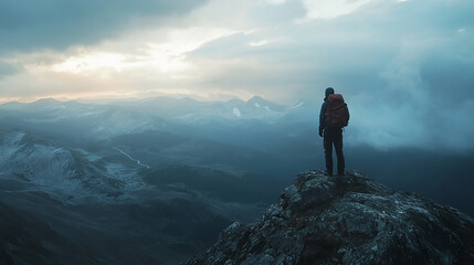 Snowy Mountain Silhouette with Hiker