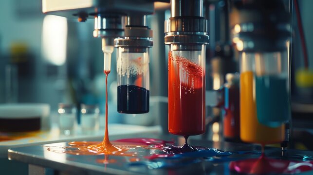 Close-up of a machine dispensing colorful liquids onto a surface in an industrial or creative process.