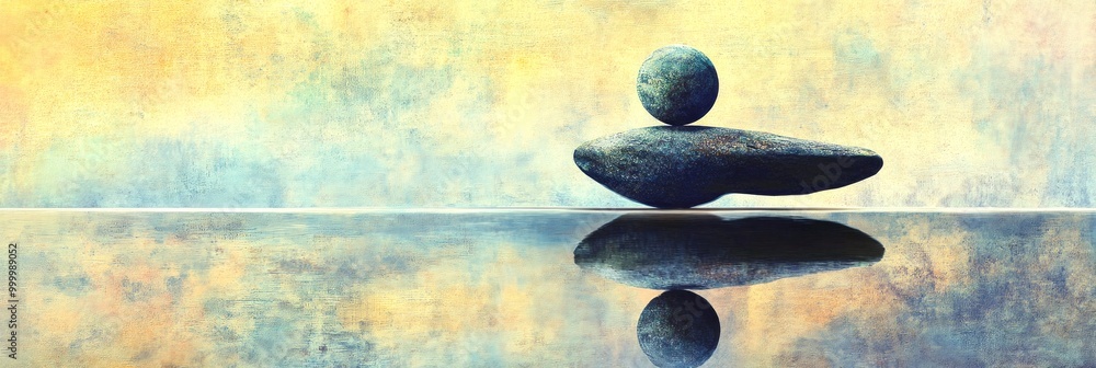 Poster a serene landscape featuring balanced stones against a soft gradient background. this image symboliz