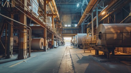 Fototapeta premium An expansive industrial warehouse with large coils of metal, illuminated by natural light filtering in from high windows.