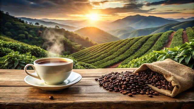 Hot coffee cup and beans on rustic wooden surface with coffee field background