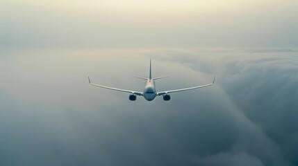 A serene scene of an airplane flying above the clouds at sunset, leaving a trail through the fog as it soars through the horizon.