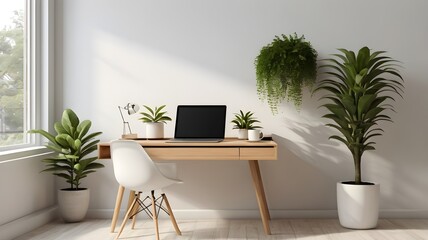 designer interior with bright colors, plants and Scandinavian furniture