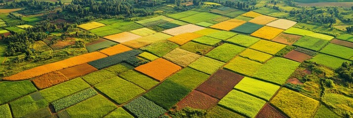 Fototapeta premium Aerial view of vibrant agricultural fields showcasing a patchwork of green, yellow, and orange crops under a clear sky.