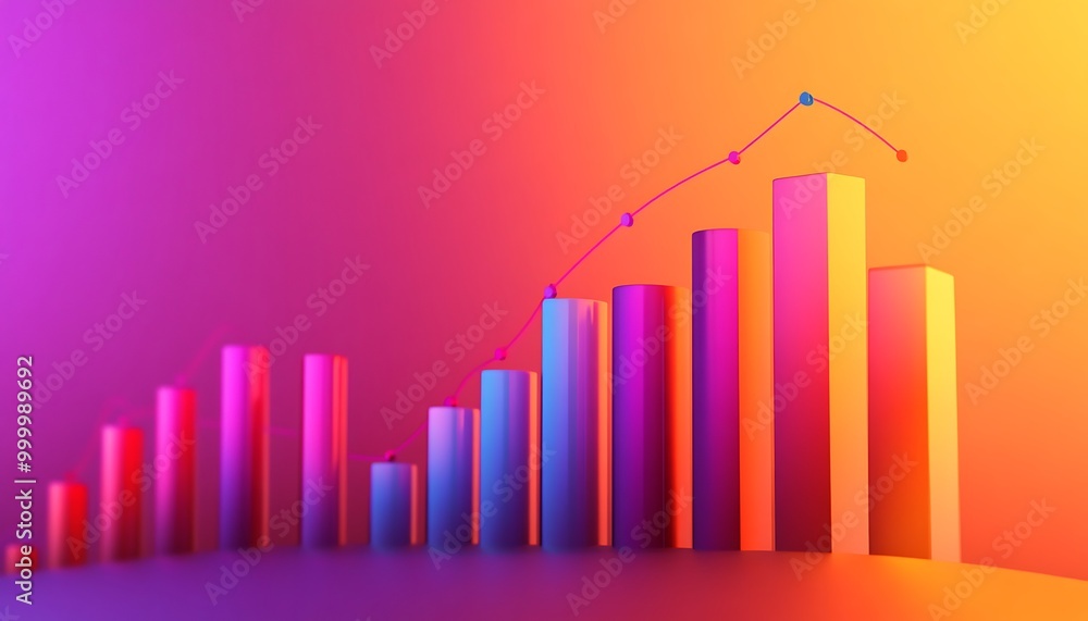 Poster ascending bar graph with line chart, 3d rendering, gradient colors
