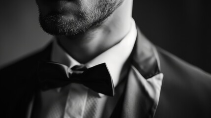 A striking black and white close-up portrait of a man in a tuxedo, capturing the subtle textures of the bow tie and suit, reflecting timeless elegance.