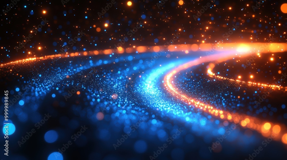 Poster a vibrant data tunnel illuminated with flowing blue and orange lights, symbolizing speed and data tr