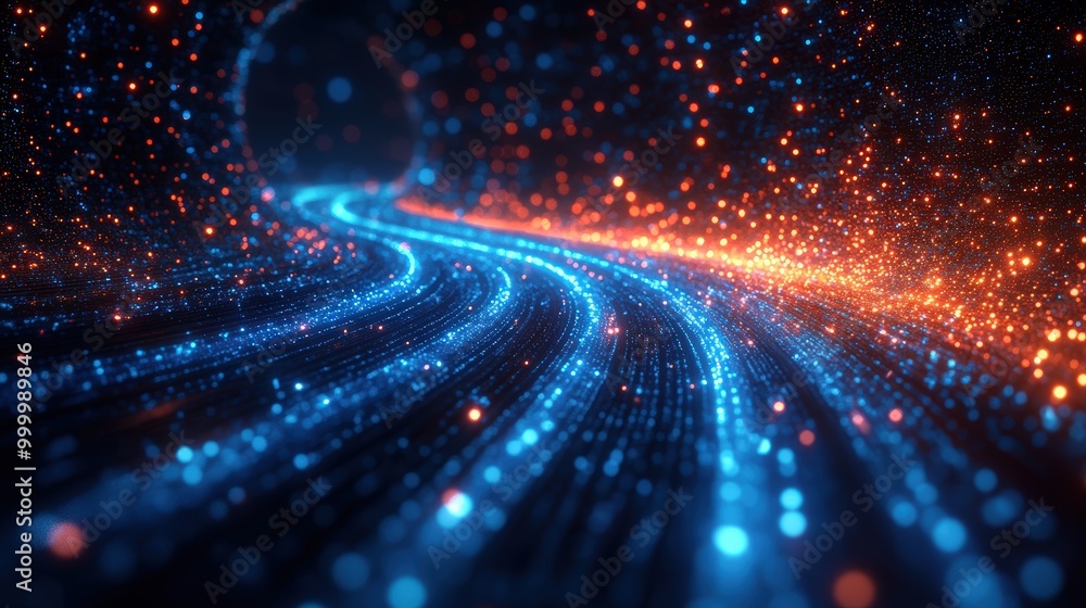 Poster a vibrant data tunnel illuminated with flowing blue and orange lights, symbolizing speed and data tr