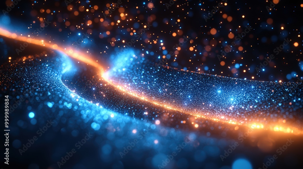 Poster a vibrant data tunnel illuminated with flowing blue and orange lights, symbolizing speed and data tr