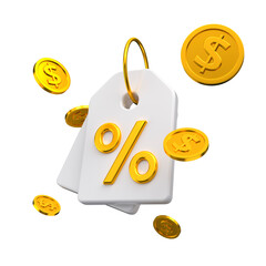 White discount tag for sales and shopping online with splash coins. Price offer promotion isolated. 3d rendering.
