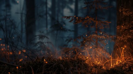 Warm, glowing embers light up the forest floor in a dark, enchanting woodland, evoking a sense of magic and mystery.