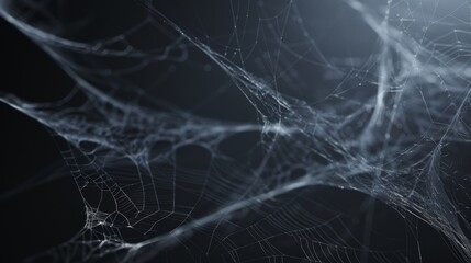 A close-up shot of intricate spider webs glistening in the dim light, showcasing the delicate complexity of nature's design.