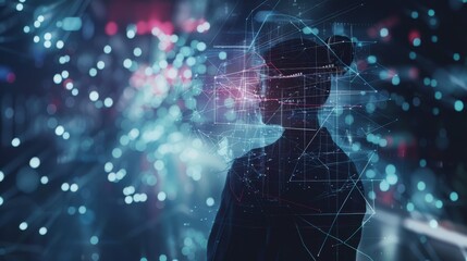 A woman's profile is enveloped in a web of digital lines and lights, symbolizing deep connectivity and the complexities of the digital age.