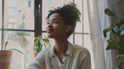A woman seated by the window, bathed in natural light, gazing outside with a content expression amidst some indoor plants.