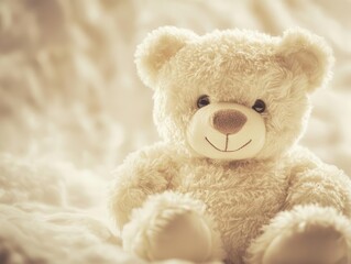 Obraz premium Charming teddy bear portrait, soft fur textures, warm lighting, gentle expression, neutral background highlighting cuddly details