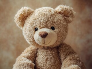 Obraz premium Charming teddy bear portrait, soft fur textures, warm lighting, gentle expression, neutral background highlighting cuddly details