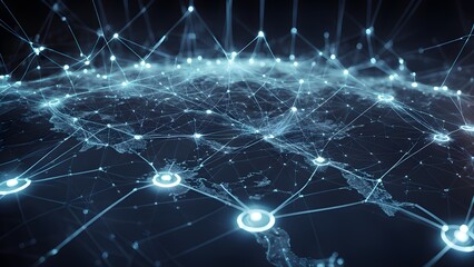 Obraz premium Abstract digital world map with glowing lines and dots representing global network connection.