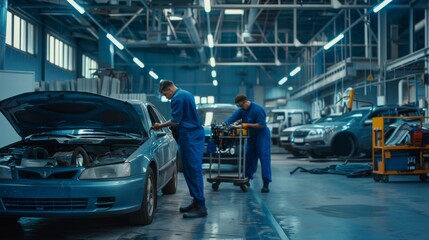 Two Mechanics in a Service are Inspecting a Car After They Got the Diagnostics Results. Female Specialist is Comparing the Data on a Tablet Computer. Repairman is Using a Ratchet to Repair the Faults.