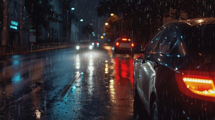 Cars driving on a rain-soaked city street at night, with water reflecting the bright headlights and neon signs.