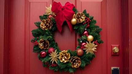 A festive Christmas wreath adorned with gold pinecones, red ornaments, and a bright red bow hangs on a vibrant red wooden door, welcoming the holiday spirit.
