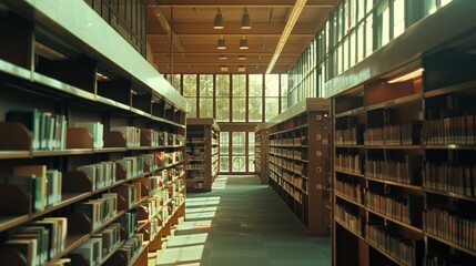 Obraz premium An inviting library aisle bathed in sunlight, lined with neatly arranged books on both sides, creating a warm and intellectual atmosphere for readers.