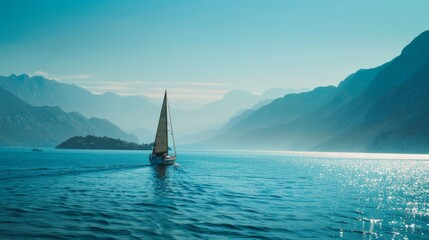 A lone sailboat glides gracefully through the tranquil azure waters, surrounded by majestic mountains under the clear blue sky, exuding peace and freedom.