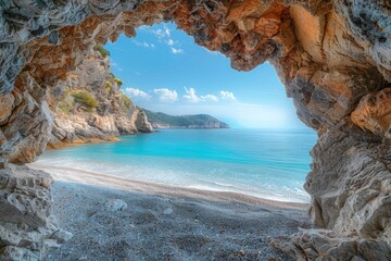 Elafonisos Beach Cave View with Turquoise Waters and Natural Colors