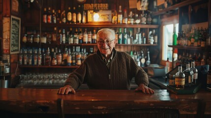 Obraz premium A bartender with a cheerful demeanor stands behind a well-organized bar, reflecting a welcoming atmosphere with assorted liquors neatly displayed.