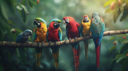 Obraz premium A vibrant assortment of six colorful parrots sitting on a branch in a lush, sun-drenched tropical setting, engaged in energetic social interaction.