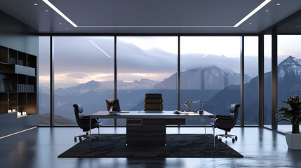 Fototapeta premium An executive office with expansive windows overlooking a misty mountain range, furnished with modern, sleek furniture, creating a serene and inspiring workspace.