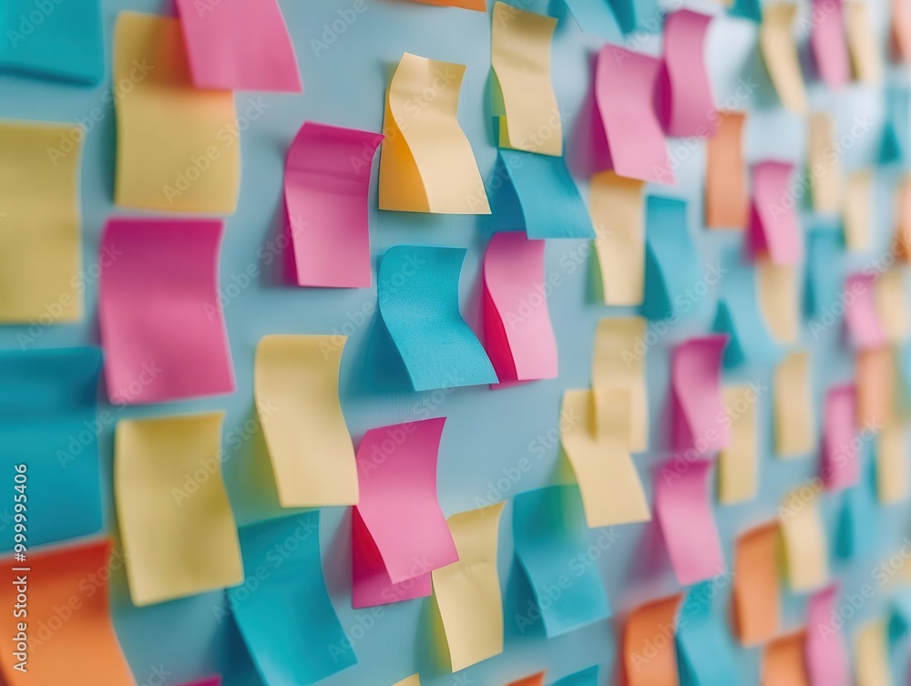 Aufkleber creative workspace with a wall covered in colorful sticky notes, representing brainstorming and plan
