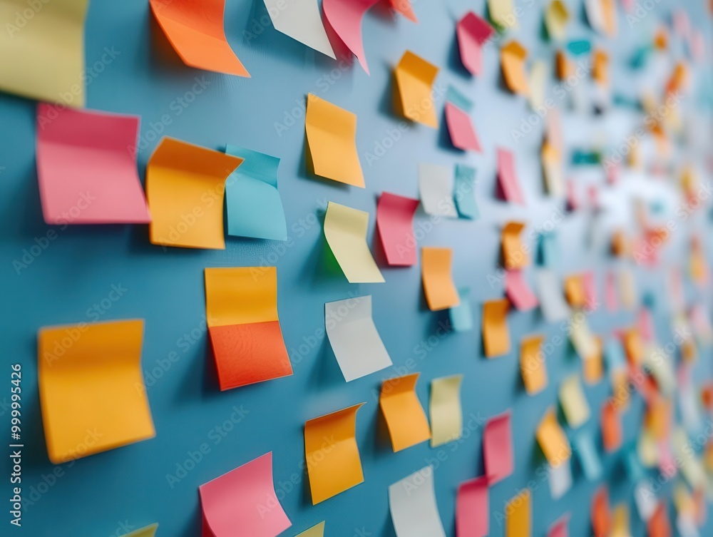 Aufkleber creative workspace with a wall covered in colorful sticky notes, representing brainstorming and plan