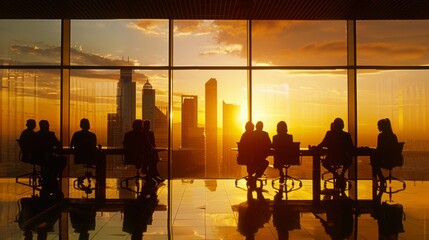 Silhouettes of people in a modern conference room against a backdrop of a stunning sunset skyline.