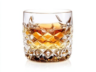 Crystal tumbler filled with amber whiskey, creating mesmerizing reflections. Dramatic lighting, rich golden hues, isolated on stark white for luxury appeal.