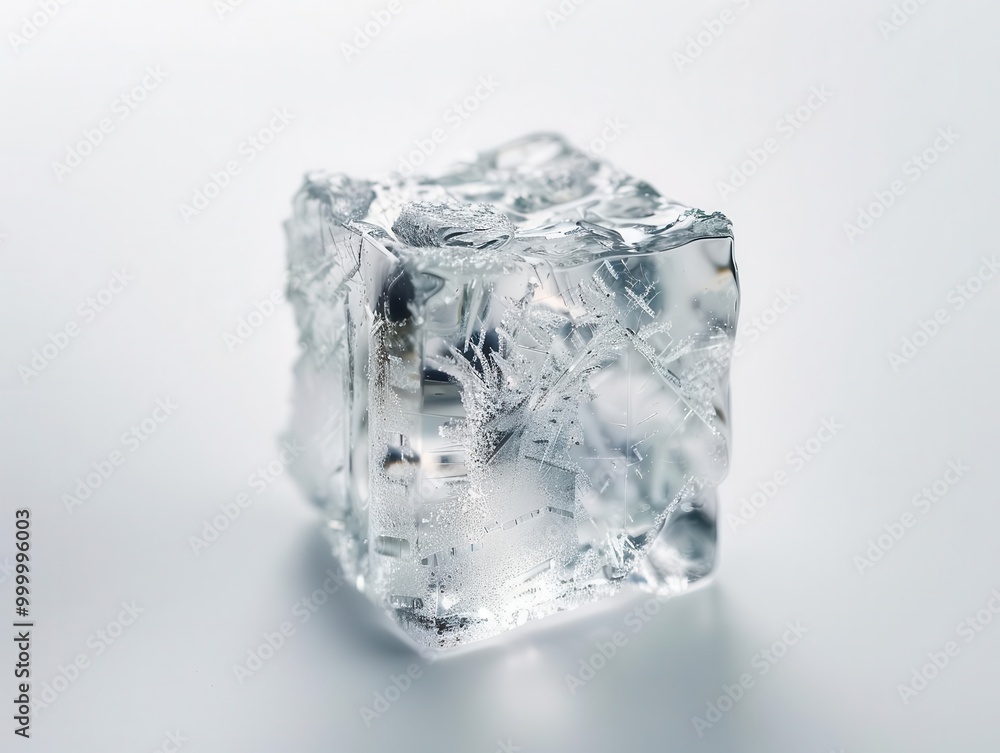 Poster crystalline ice cube macro single, perfectly formed ice cube glistens with intricate patterns and re