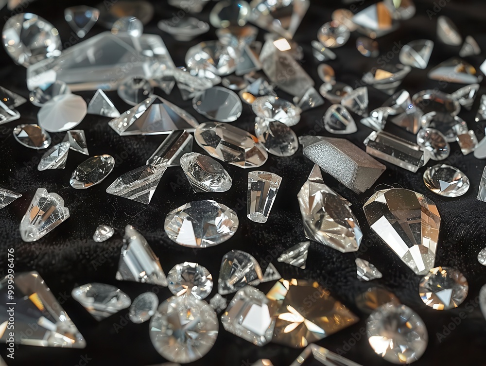 Poster dazzling array of cut diamonds in various shapes and sizes scattered across a black velvet surface, 