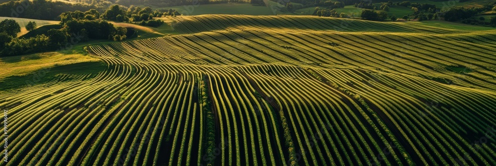 Poster lush vineyards stretch across rolling hills, showcasing neatly arranged rows of grapevines under a w