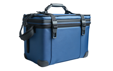 Stylish blue cooler bag with durable design, perfect for outdoor activities and keeping food and drinks cold.