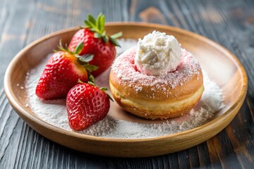 Ice cream with coconut flakes on plate on dark wooden table, strawberry donut, wide-angle